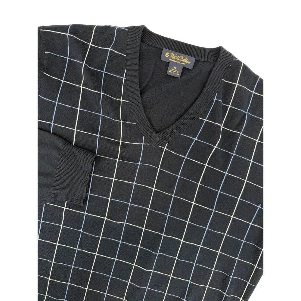 Brooks Brothers Mens XL Silk Cotton V-Neck Sweater Navy Blue Windowpane Check